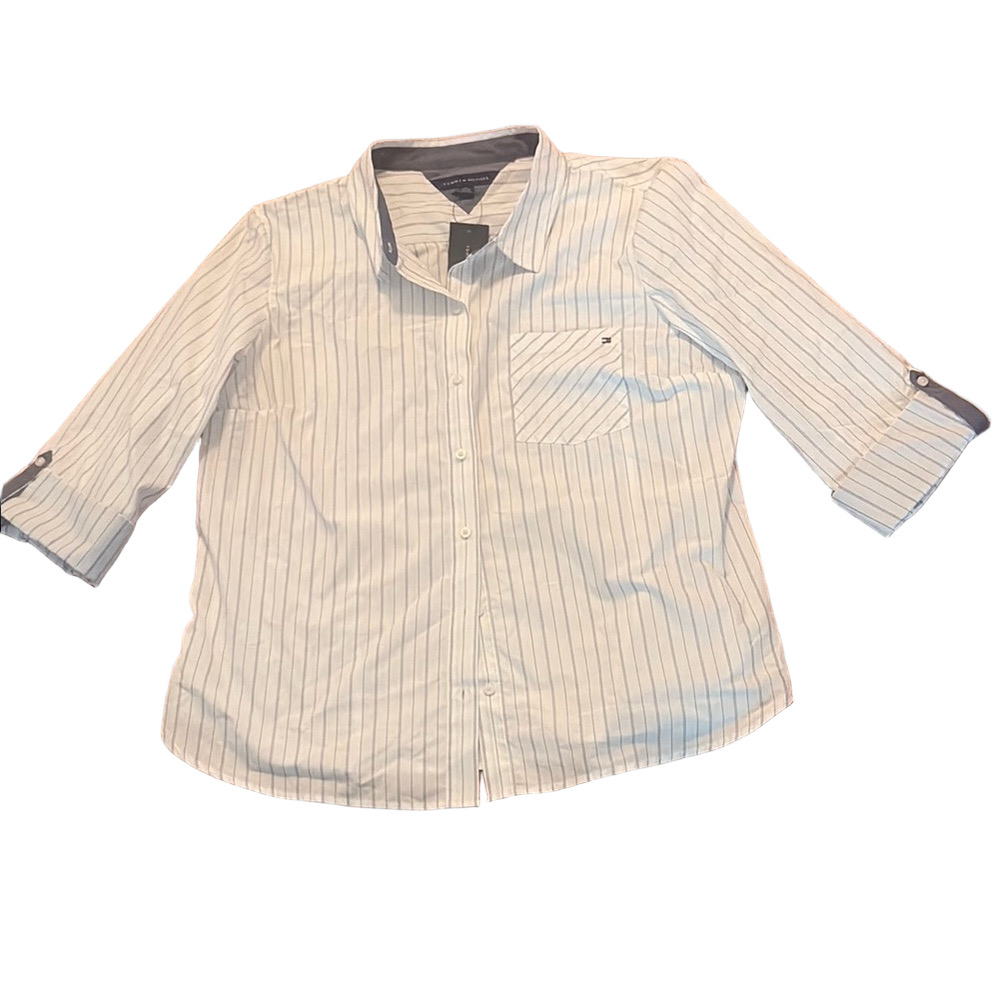 NWT Tommy Hilfiger 3/4 Sleeve Button Down Shirt Top Tabs Pocket White Blue XL